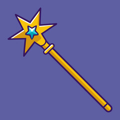 Golden magic wand vector with blue star, A vector illustration of a golden magic wand with a blue star, symbolizing magic, fantasy, and enchantment.
