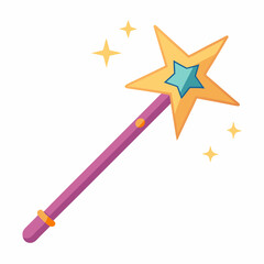 Magic wand vector with star and sparkle effects, A vector illustration of a purple magic wand with a golden star and blue gem, surrounded by sparkling effects, symbolizing magic.

