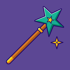 Magic wand vector with green star and sparkle, A vector illustration of a magic wand with a green star and a sparkle, symbolizing fantasy and enchantment.

