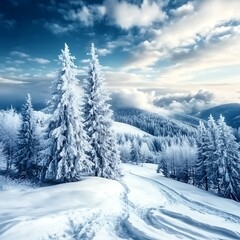 Obraz premium Fantastic winter landscape with snow covered trees. Dramatic sky. 