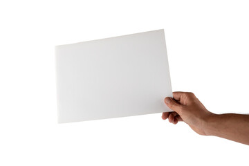 Male hand holding a white paper isolated no background