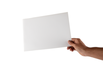 Male hand holding a white paper isolated no background