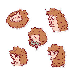A set of cute hedgehogs with different emotions. A collection of animal stickers.