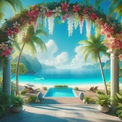 "Tropical paradise with floral arch, turquoise ocean, palm trees, and pier."