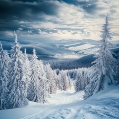 Fototapeta premium Fantastic winter landscape with snow covered trees. Dramatic sky. 