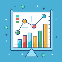 Data analysis on screen with bar chart and trendline, A vector illustration of a bar chart with a trendline and data analysis on a screen, featuring colorful data points, set against a light blue back