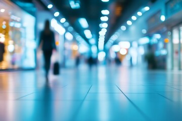 Abstract blurred background of a modern shopping mall interior with glowing lights and people