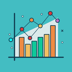 Colorful bar chart vector with trendline and data points, A vector illustration of a colorful bar chart with a trendline and data points, set against a turquoise background.
