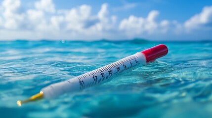 Thermometer floats in tropical ocean water against a blue sky.