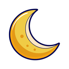 Crescent moon vector with yellow hue and craters, A vector illustration of a crescent moon in yellow with visible craters, set on a white background.
