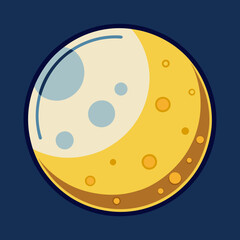 Crescent moon vector with yellow surface and craters, A vector illustration of the moon in a crescent shape, with a yellow surface and visible craters, set against a dark blue background.
