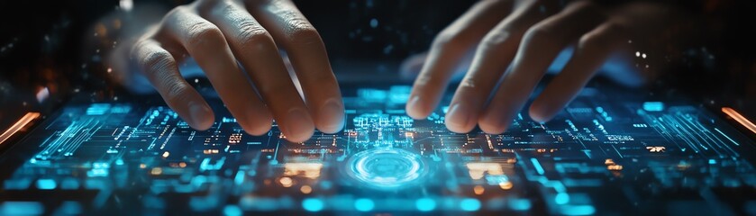 Obraz premium Hands typing on a laptop keyboard, AI interface displayed, symbolizing modern tech, artificial intelligence, and the future of digital assistants in a hightech environment