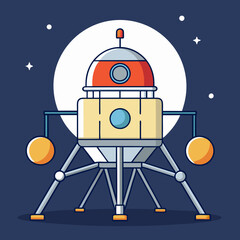 Lunar lander vector with moon and stars, A vector illustration of a lunar lander on the moon’s surface with a bright moon in the background and stars in the sky.  © PixelArtBox