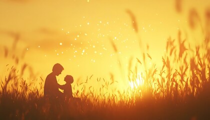 Silhouette of a Parent and Child at Sunset in a Golden Field