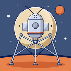 Lunar lander vector on moon with stars, A vector illustration of a lunar lander on the moon's surface with a starry background and a red planet in the sky.  © PixelArtBox