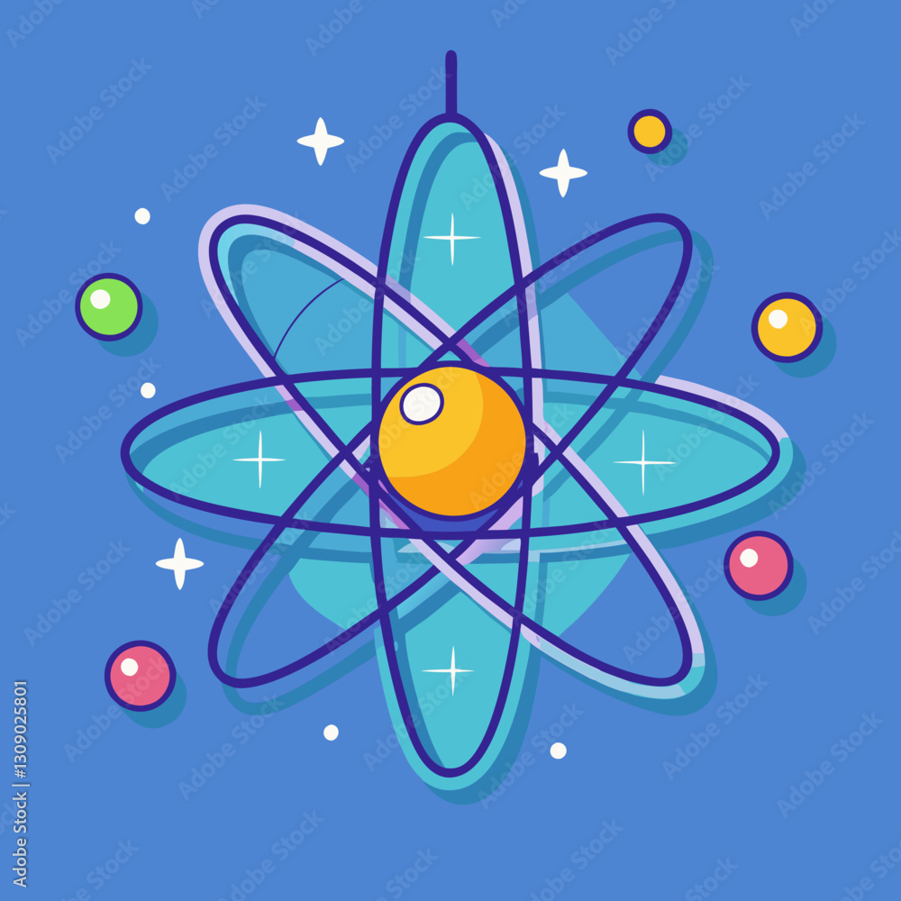 Aufkleber atom vector with colorful electrons and nucleus, a vector illustration of an atom with orbiting elec