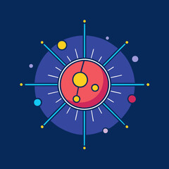 Stylized solar system vector with colorful planets, A vector illustration of a stylized solar system with a central planet surrounded by colorful planets and rays, set against a dark background.
