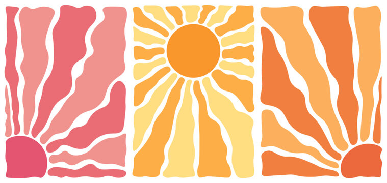 Affiches soleil groowy et abstrait. Ensemble tendance floral et ensoleill&eacute;, couleurs d'&eacute;t&eacute;