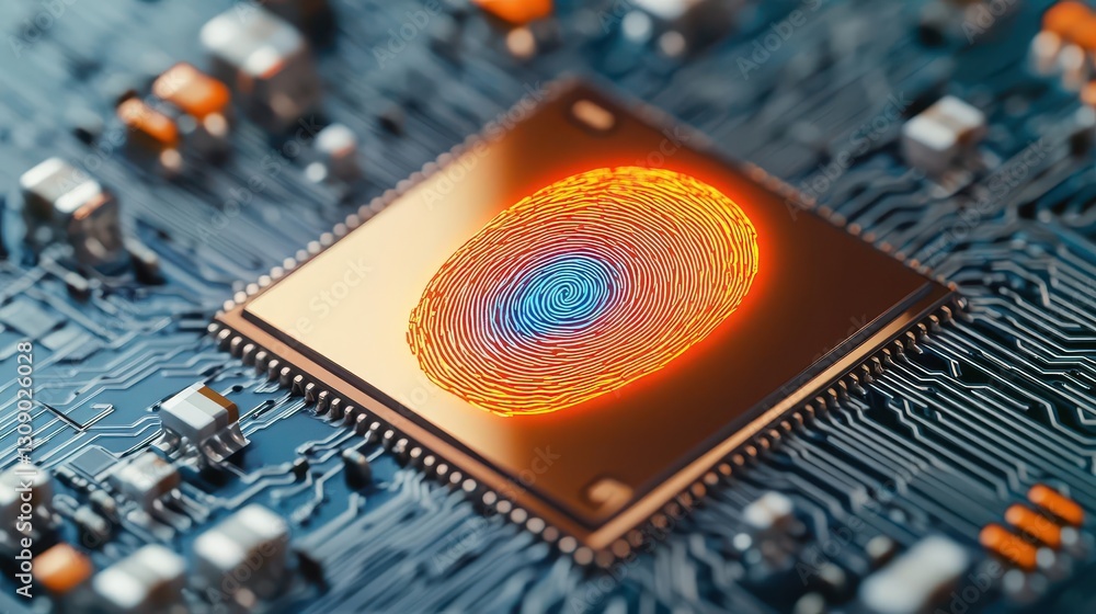 Poster a futuristic makeover with an orange and blue glowing fingerprint on top of a circuit board