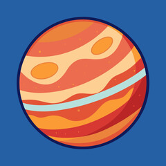 Jupiter planet vector with light blue ring, A vector illustration of Jupiter planet with orange and white stripes, featuring a light blue ring on a blue background.
