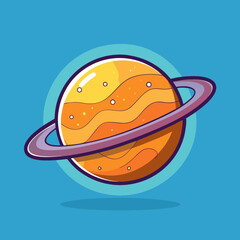 Jupiter planet vector with colorful ring and stripes, A vector illustration of Jupiter planet with orange stripes and a purple ring, set against a bright blue background.

