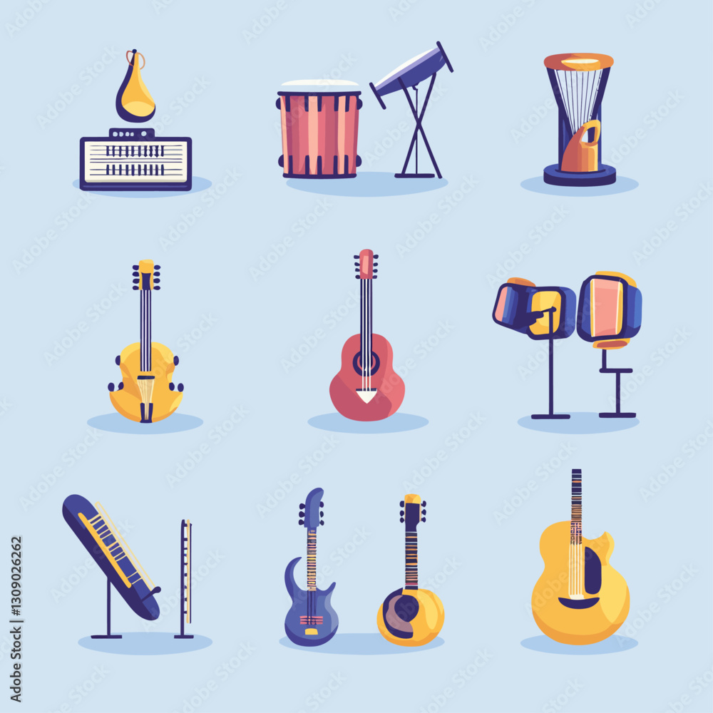 Poster musical instruments collection, various string instruments and drums.