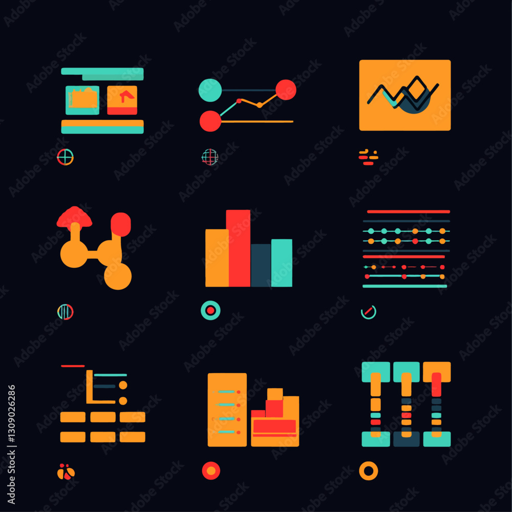 Poster colorful abstract data visualization graphics on dark background.