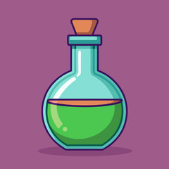 Vector Laboratory Flask with Green Liquid, Vector illustration of a laboratory flask filled with green liquid, featuring a cork stopper, set against a purple background.
