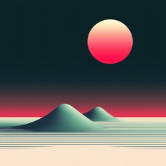 A beautiful landscape with a large red sun in the sky