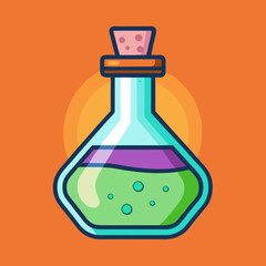 Vector Laboratory Flask with Purple and Green Liquid, Vector illustration of a laboratory flask filled with purple and green liquids, featuring bubbles and a cork stopper, set against an orange backgr