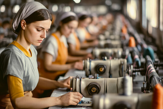 Focused woman sewing in a busy textile factory with other workers in the background