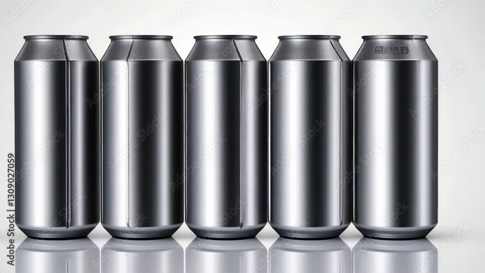 Poster five cans of soda are lined up on a table. the cans are all the same color and shape, and they are a
