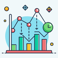 Vector Data Analytics with Trend Line and Graph, Vector illustration of a data analytics chart with bar graphs, trend lines, and icons showing data fluctuations and analysis.
