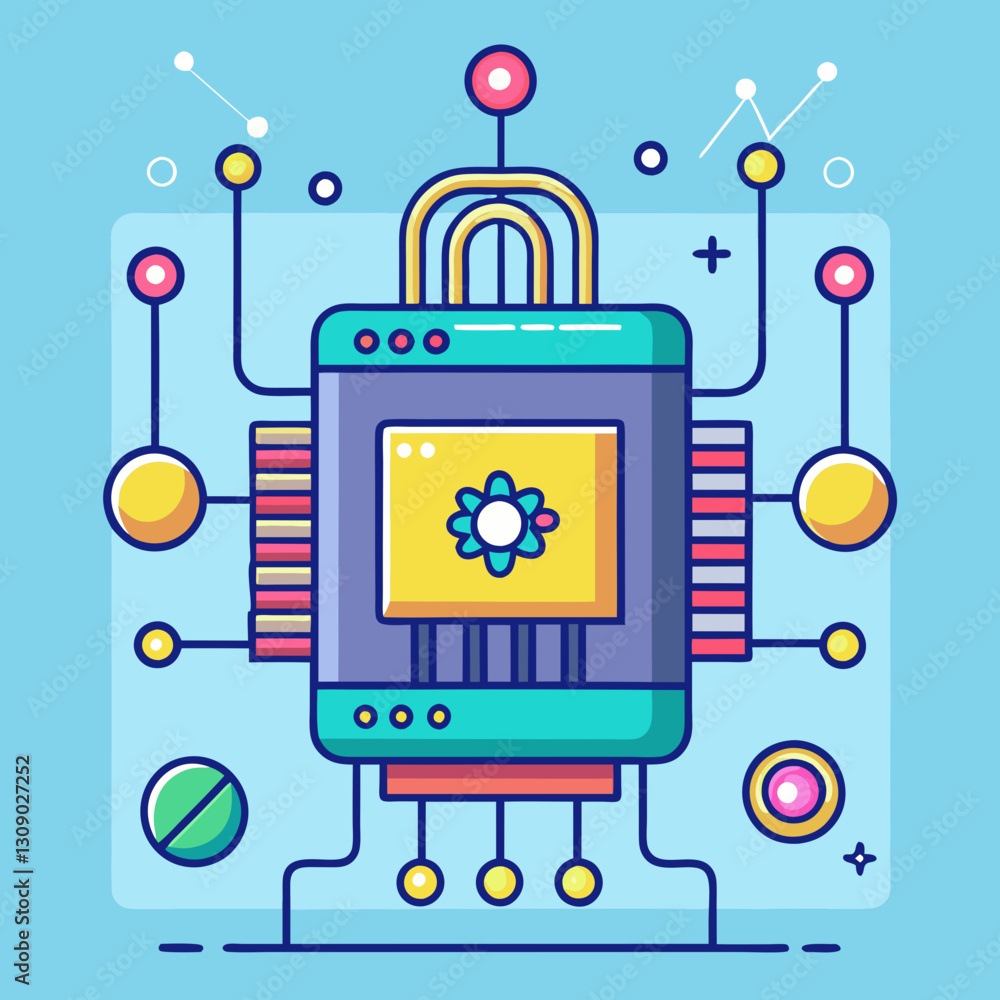 Poster quantum computer vector illustration with atomic and digital elements, a colorful vector illustratio