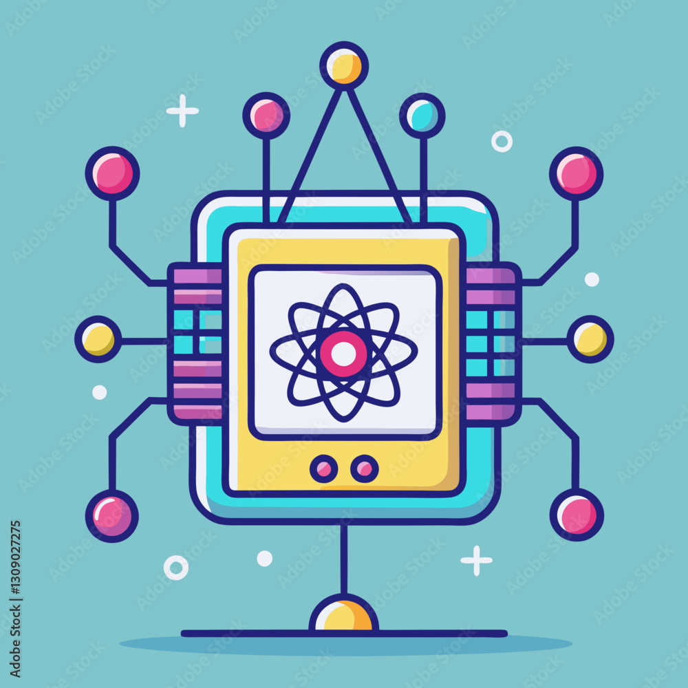 Poster quantum computer vector illustration with atomic design and circuits, a vibrant vector illustration 