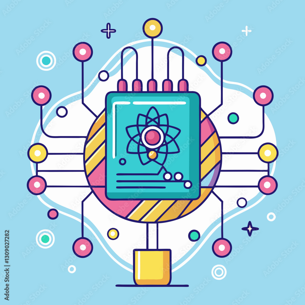 Poster quantum computer vector illustration with atomic symbols and circuits, a colorful vector illustratio