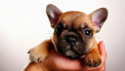 人の手の中のフレンチブルドッグの赤ちゃん