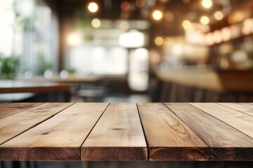 Wooden tabletop mockup for product display in a blurred cafe or restaurant interior background
