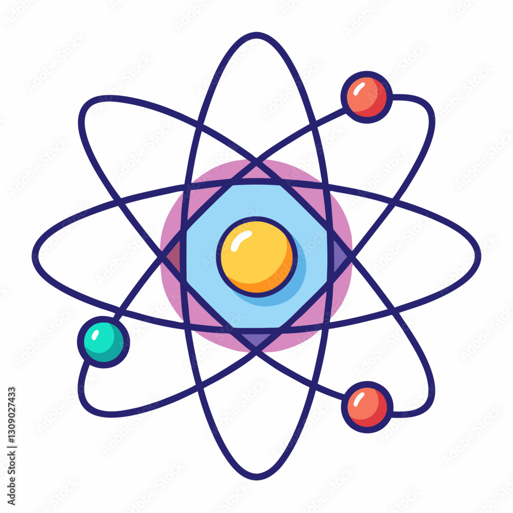 Poster atomic structure vector illustration with colorful orbits, a colorful vector illustration of an atom