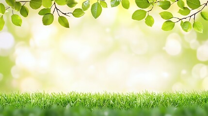 Bright Green Spring Leaves and Grass Background