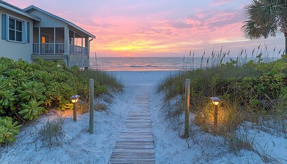 Obraz premium Beachfront sunset boardwalk path