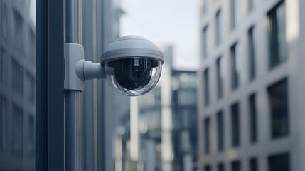 White Security Camera Mounted on a Building Exterior with Urban Background