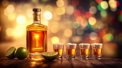 Tequila bottle with shot glasses and lime in vibrant party setting