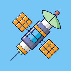 Satellite vector illustration on light blue background, A detailed vector illustration of a satellite with solar panels and an antenna on a light blue background.

