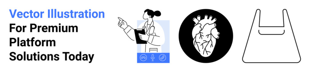 Lab technician pointing at screen, anatomical heart in circle, and reusable tote bag sketch. Ideal for teamwork, healthcare, design, science, eco-awareness, innovation flat landing page banner