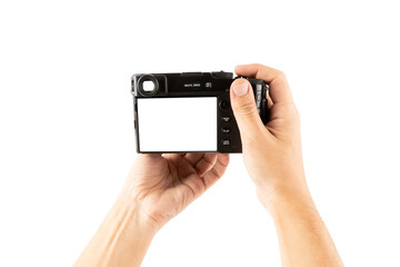 Male hands holding a photo camera with blanc screen isolated no background