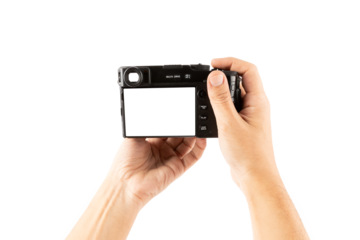 Male hands holding a photo camera with blanc screen isolated no background