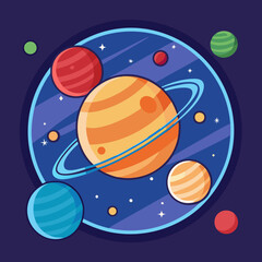Saturn with rings and surrounding planets vector illustration, A vector illustration of Saturn with rings, surrounded by colorful planets, stars, and cosmic elements, set against a dark blue backgroun