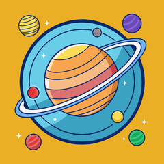 Saturn with rings and surrounding colorful planets vector illustration, A vector illustration of Saturn with rings, surrounded by colorful planets, stars, and cosmic elements, set against a yellow bac
