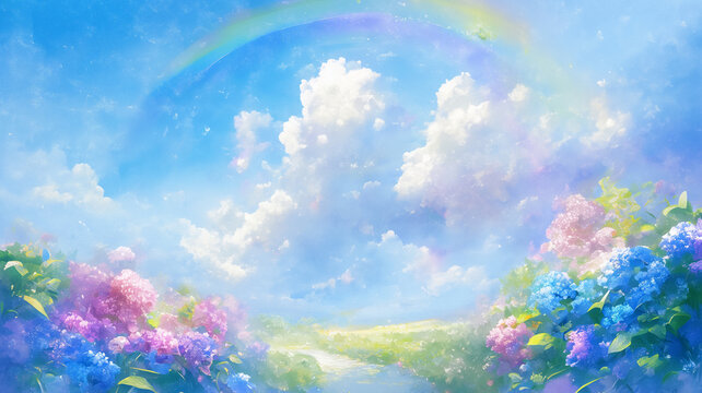 青と緑の調和 水彩タッチで描かれた幻想的な紫陽花の丘